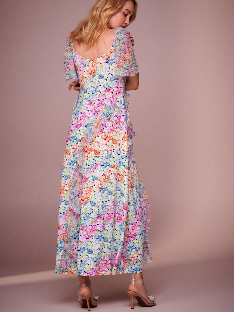 Multi Floral Print Square Neck Ruffle Midi Dress - Image 2 of 6