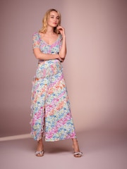 Multi Floral Print Square Neck Ruffle Midi Dress - Image 3 of 6