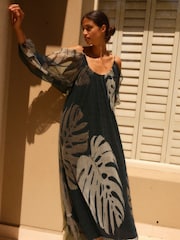 Black Palm Leaf Print Crinkle Mesh Volume Cami Maxi Dress - Image 1 of 8