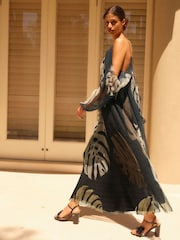 Black Palm Leaf Print Crinkle Mesh Volume Cami Maxi Dress - Image 3 of 8