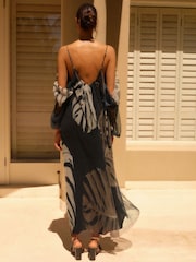 Black Palm Leaf Print Crinkle Mesh Volume Cami Maxi Dress - Image 4 of 8