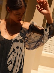Black Palm Leaf Print Crinkle Mesh Volume Cami Maxi Dress - Image 5 of 8