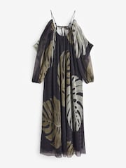 Black Palm Leaf Print Crinkle Mesh Volume Cami Maxi Dress - Image 7 of 8