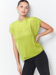 Lime Green Sheer Layer Cap Sleeve Top - Image 2 of 9