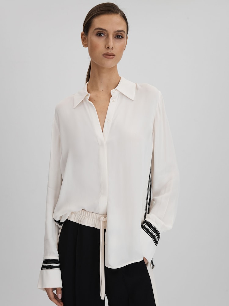 Reiss Cream Priyah Contrast Trim Button-Through Shirt - Image 1 of 6