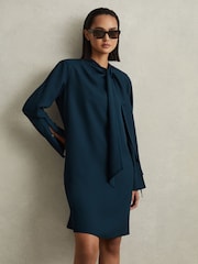 Reiss Teal Avery Tie Neck Belted Mini Dress - Image 1 of 7