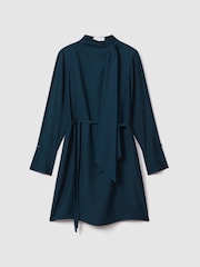 Reiss Teal Avery Tie Neck Belted Mini Dress - Image 2 of 7