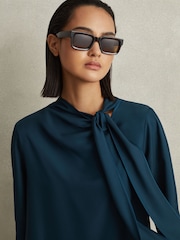 Reiss Teal Avery Tie Neck Belted Mini Dress - Image 3 of 7