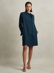 Reiss Teal Avery Tie Neck Belted Mini Dress - Image 4 of 7