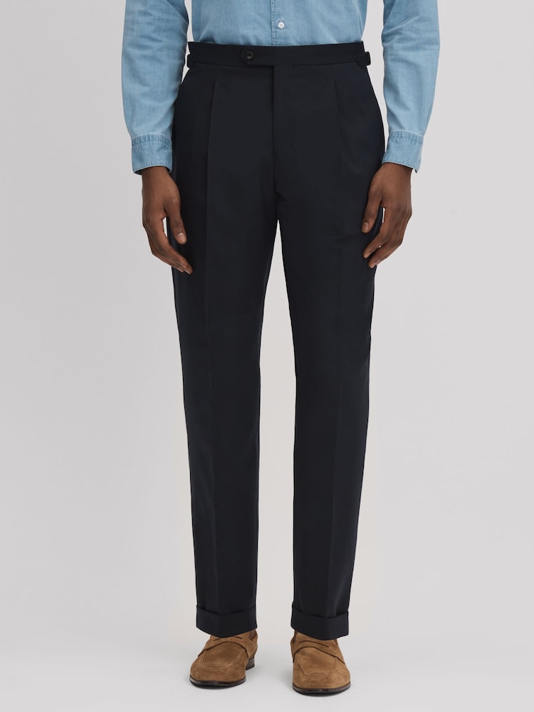Reiss Navy Valentine Slim Fit Wool Blend Trousers with Turn-Ups - Image 1 of 5