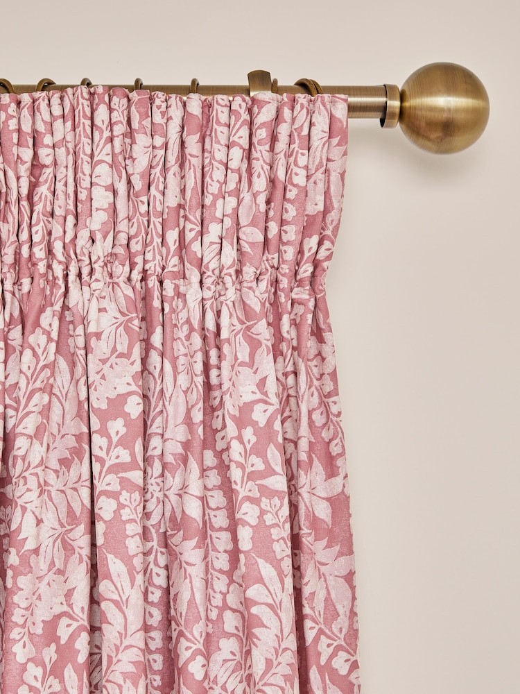 Pink Woodblock Floral Pencil Pleat Lined Curtains - Image 1 of 3