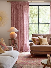 Pink Woodblock Floral Pencil Pleat Lined Curtains - Image 2 of 3
