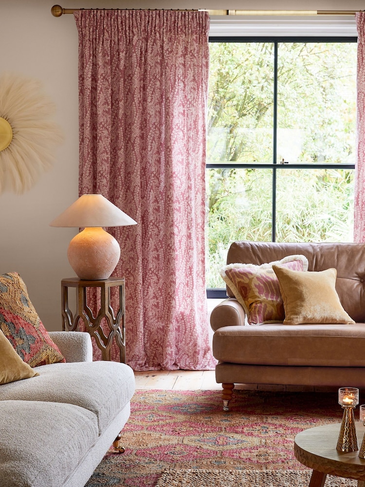 Pink Woodblock Floral Pencil Pleat Lined Curtains - Image 2 of 3
