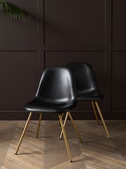 Rockett St George Set of 2 Timeless Faux Leather Black Gold Leg Curve Dining Chairs - Image 1 of 6