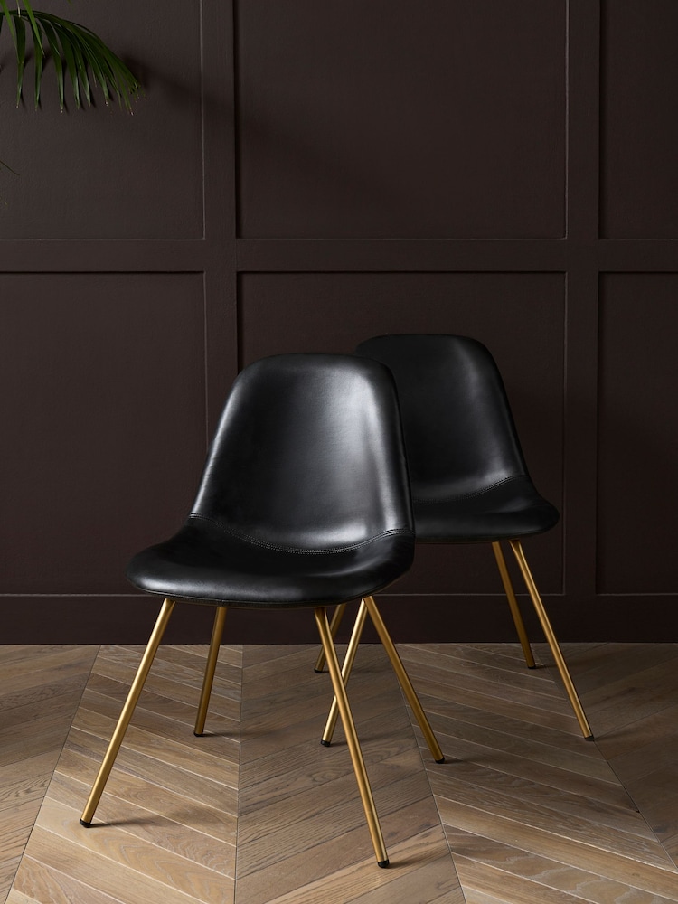 Rockett St George Set of 2 Timeless Faux Leather Black Gold Leg Curve Dining Chairs - Image 1 of 6