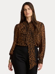 Lauren Ralph Lauren Brown Klaryce Leopard Print Georgette Pussy Bow Blouse - Image 10 of 12