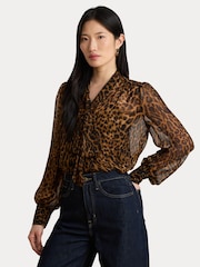 Lauren Ralph Lauren Brown Klaryce Leopard Print Georgette Pussy Bow Blouse - Image 11 of 12