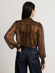Lauren Ralph Lauren Brown Klaryce Leopard Print Georgette Pussy Bow Blouse - Image 3 of 12