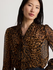 Lauren Ralph Lauren Brown Klaryce Leopard Print Georgette Pussy Bow Blouse - Image 4 of 12