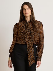 Lauren Ralph Lauren Brown Klaryce Leopard Print Georgette Pussy Bow Blouse - Image 7 of 12