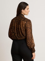 Lauren Ralph Lauren Brown Klaryce Leopard Print Georgette Pussy Bow Blouse - Image 9 of 12