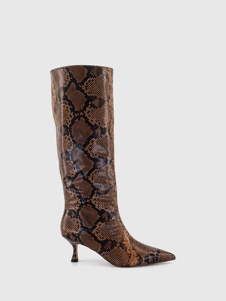 Office Brown Karly Snake Kitten Heel Knee High Boots - Image 1 of 4