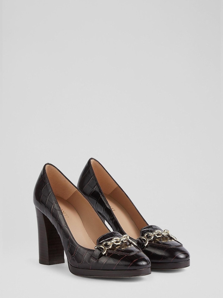 LK Bennett Purple Attley Bordeaux Croc Effect Leather Platform Loafers - Image 1 of 4