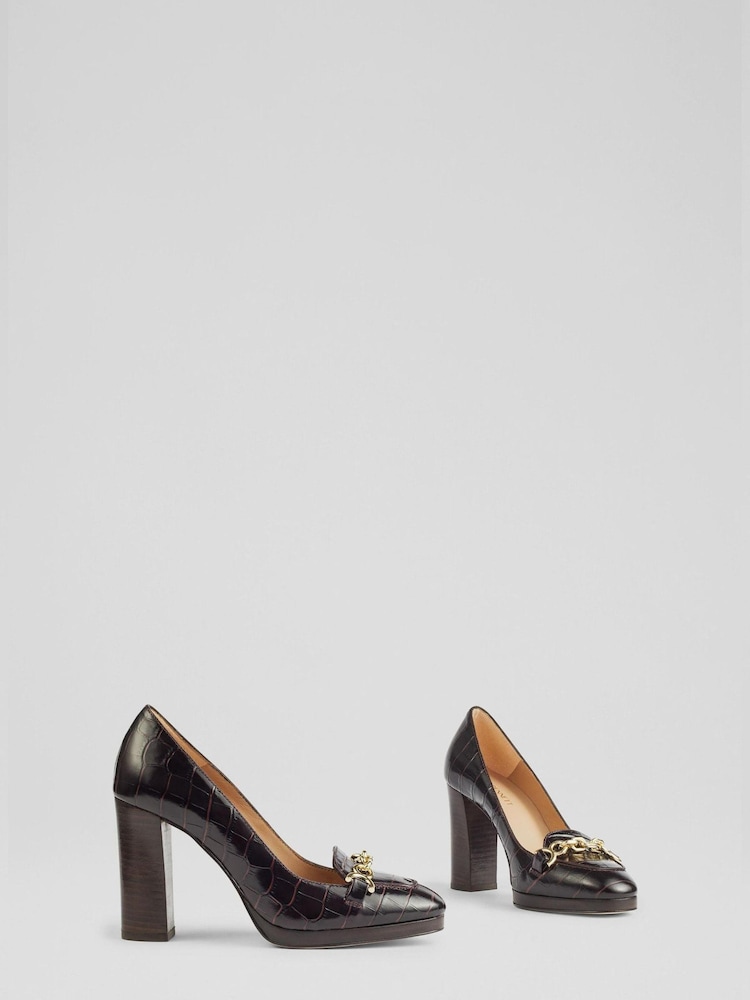 LK Bennett Purple Attley Bordeaux Croc Effect Leather Platform Loafers - Image 2 of 4