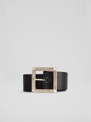 LK Bennett Black Satin Crystal Buckle Polly Belt - Image 1 of 2