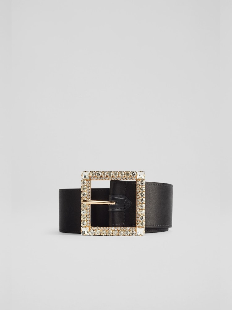 LK Bennett Black Satin Crystal Buckle Polly Belt - Image 1 of 2