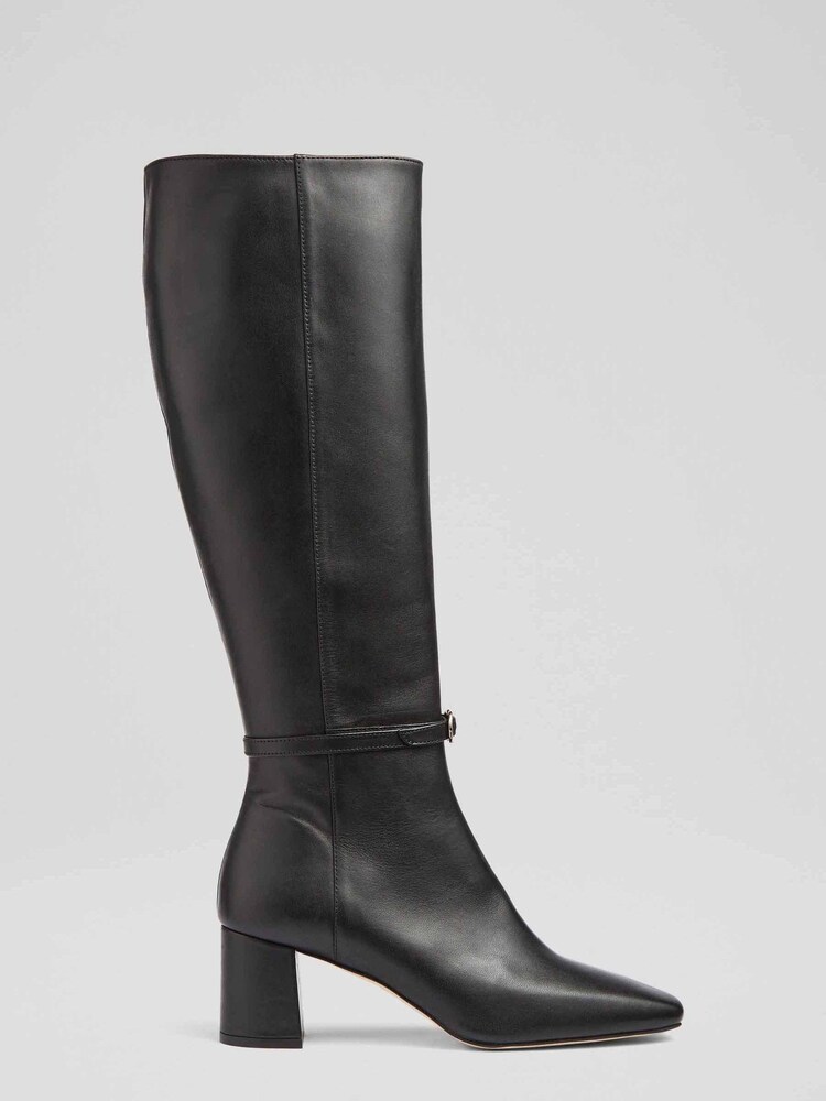 Czarne skórzane buty do kolan LK Bennett Sylvia z ozdobną sprzączką - Obraz 1 z 4