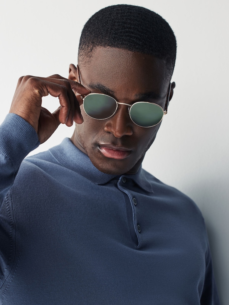 Gold/Green Round Polarised Sunglasses - Image 1 of 5