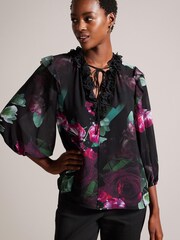 Ted Baker Faiziaa Long Sleeve Corsage Tie Black Top - Image 1 of 7