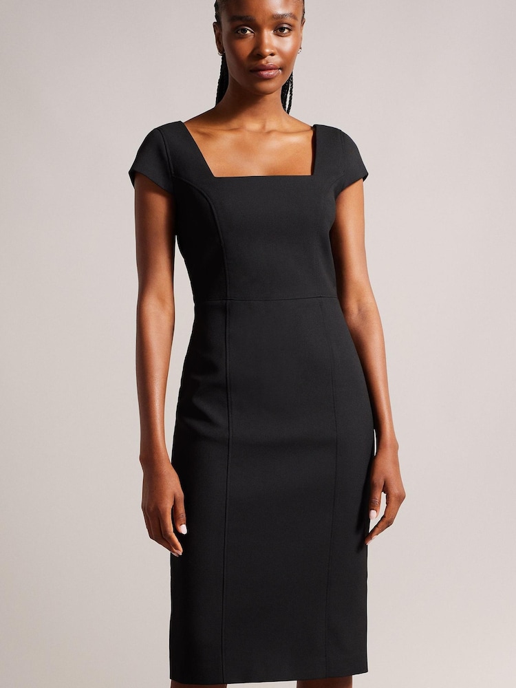 Ted Baker Fleuurr Midikleid mit eckigem Ausschnitt und abnehmbarem Gürtel, Schwarz - Bild 1 von 6 Ted Baker Fleuurr Midikleid mit eckigem Ausschnitt und abnehmbarem Gürtel, Schwarz - Bild 1 von 6
