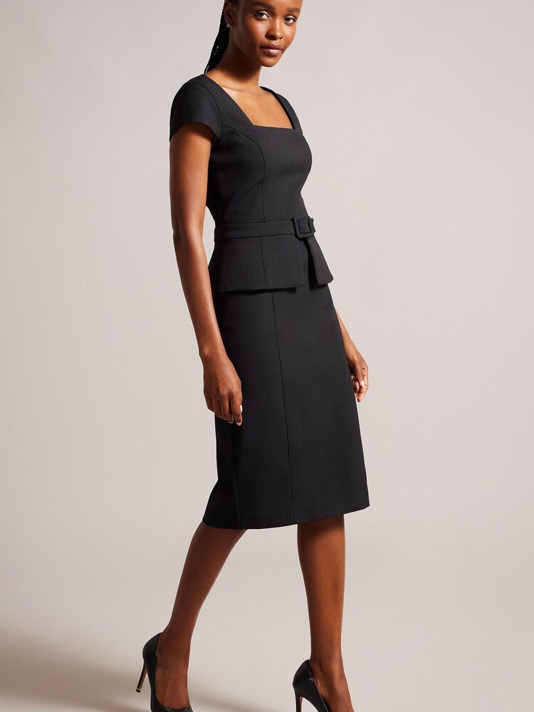 Ted Baker Fleuurr Square Neck Midi Black Dress With Detachable Belt - Image 3 of 6
