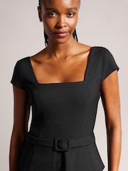 Ted Baker Fleuurr Square Neck Midi Black Dress With Detachable Belt - Image 4 of 6