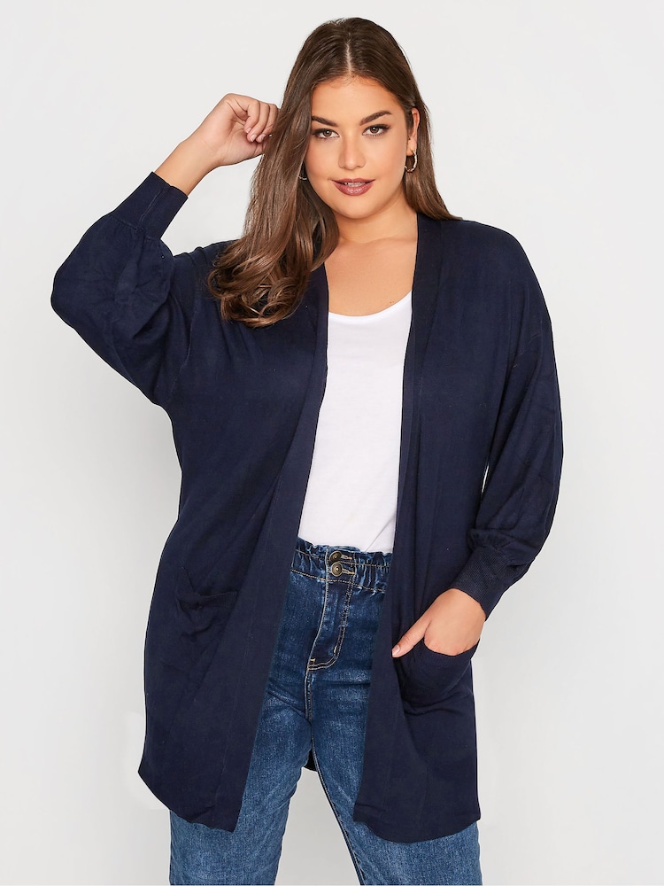 Yours Curve Blue Balloon Sleeve Fine Knit Cardigan - Image 1 of 5