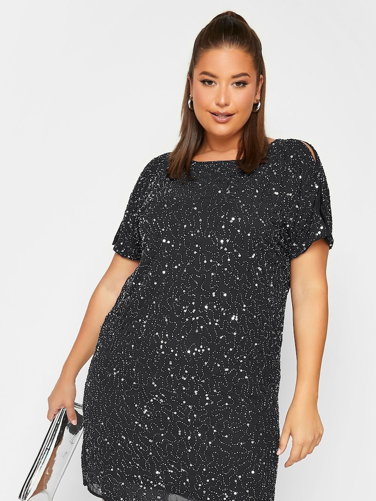 Yours Curve Black London Sequin Cape Dress - Image 1 of 5