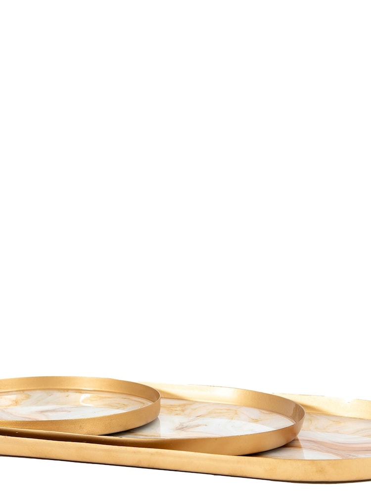Gallery Home Brass Set of 3 Hanford Round Marbled Trays - Image 2 of 4