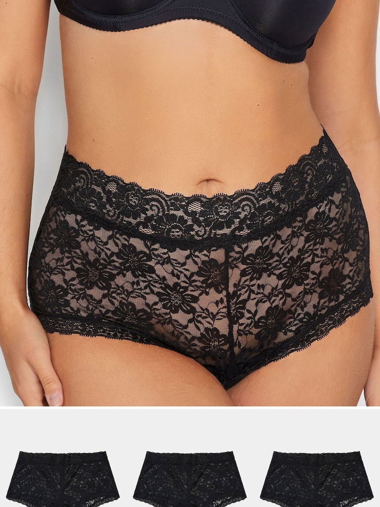 Yours Curve Black Lace Mid Rise 100% Cotton Shorts 3 Pack - Image 1 of 3