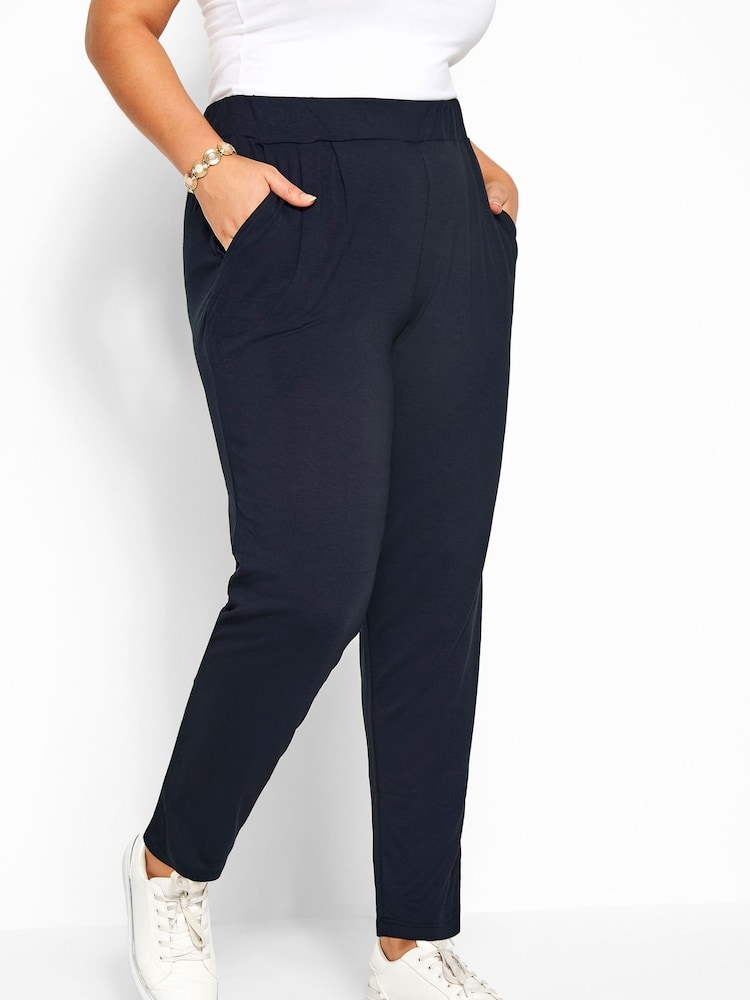 Yours Curve Blue Double Pleat Stretch Jersey Joggers - Image 1 of 1