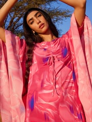 Pink Floral Co-ord Half Sleeve Ruched Front Kaftan Dress - Image 2 of 4