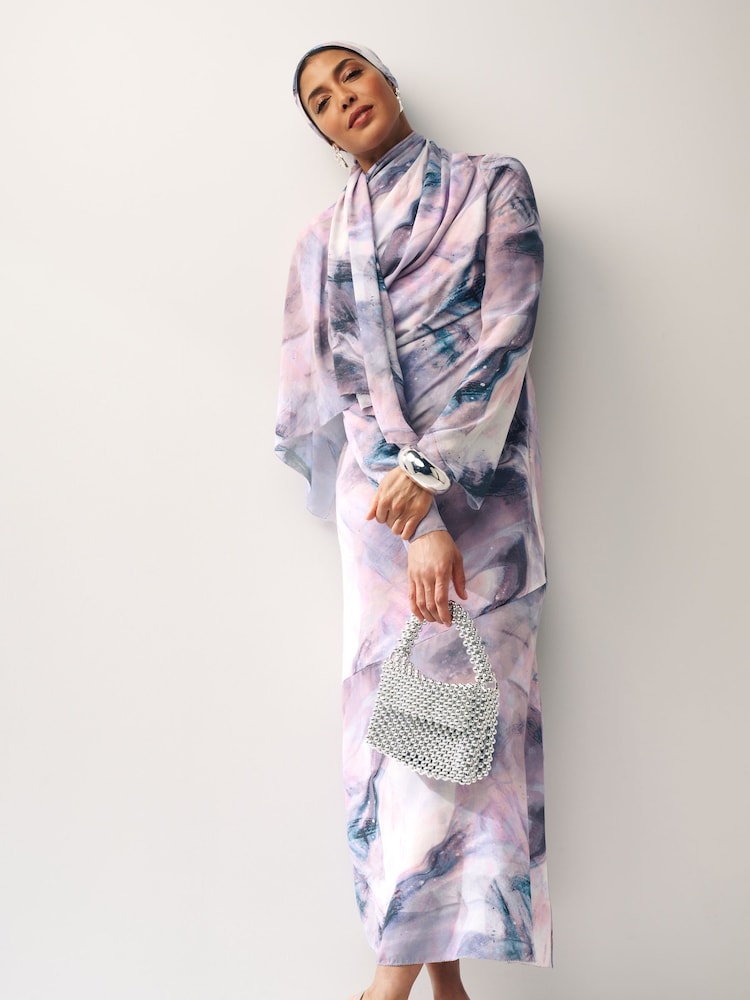 Purple Smudge Print Long Sleeve Column Maxi Dress - Image 1 of 6