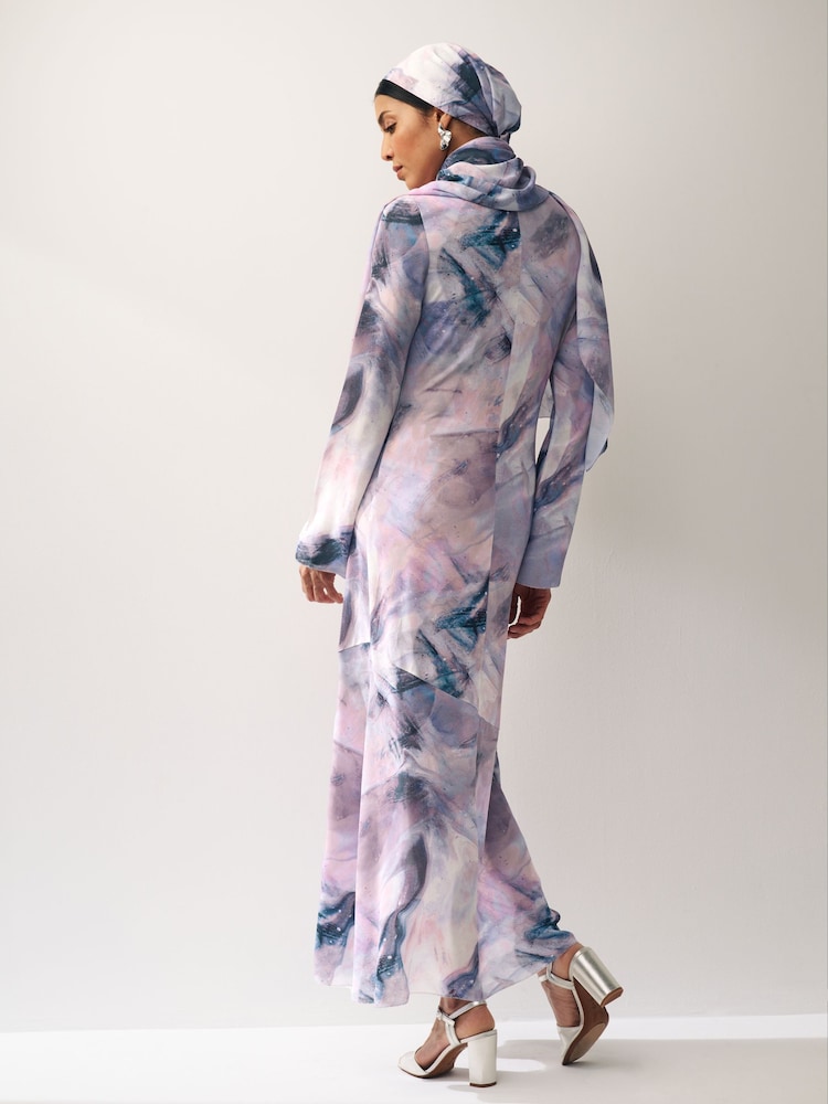 Purple Smudge Print Long Sleeve Column Maxi Dress - Image 3 of 6