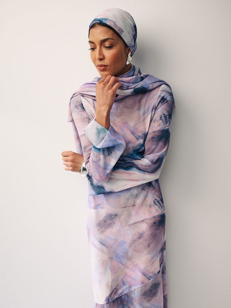 Purple Smudge Print Long Sleeve Column Maxi Dress - Image 4 of 6