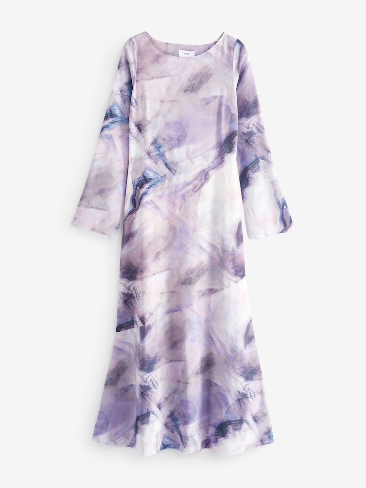Purple Smudge Print Long Sleeve Column Maxi Dress - Image 5 of 6