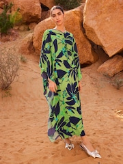 Green and Navy Floral Co-ord Half Sleeve Ruched Front Kaftan Dress - Image 1 of 7
