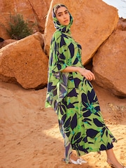 Green and Navy Floral Co-ord Half Sleeve Ruched Front Kaftan Dress - Image 2 of 7
