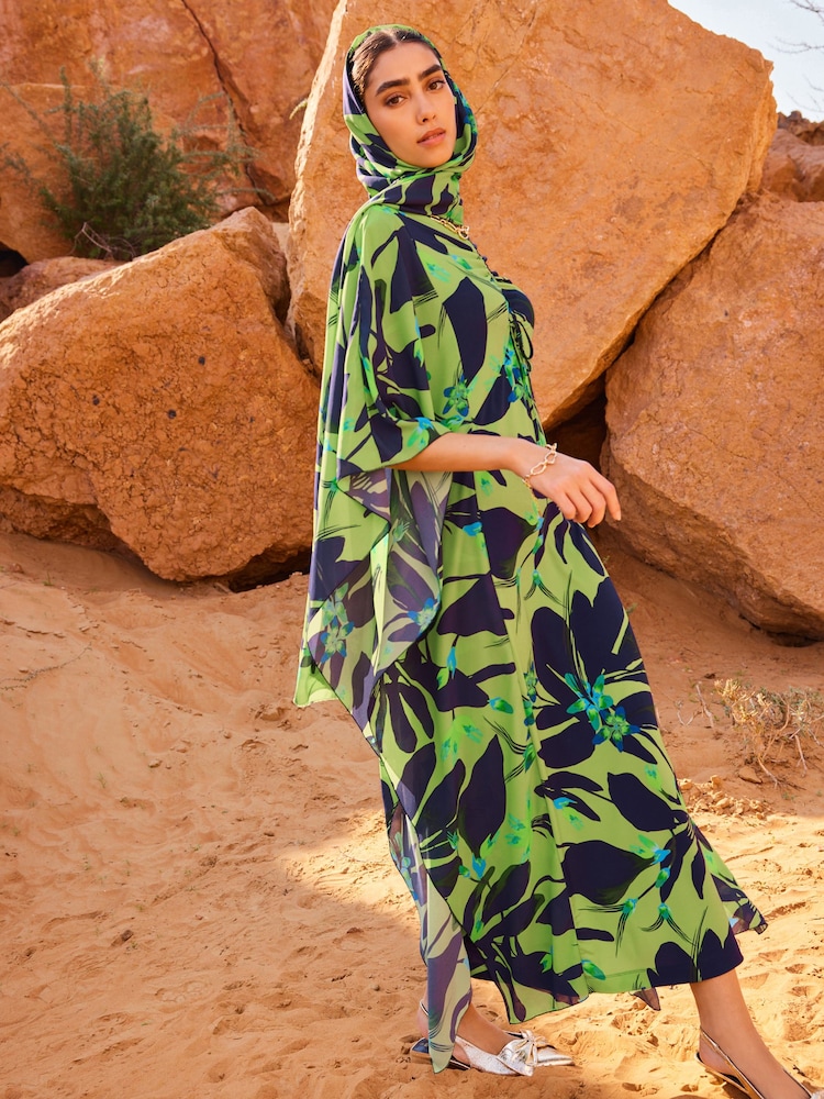 Green and Navy Floral Co-ord Half Sleeve Ruched Front Kaftan Dress - Image 2 of 7