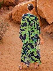 Green and Navy Floral Co-ord Half Sleeve Ruched Front Kaftan Dress - Image 3 of 7